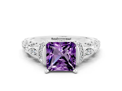White gold Princess Cut Amethyst Solitaire Ring with Filigree Band and Four-Prong Setting_24