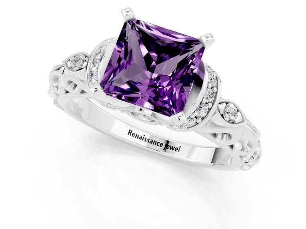 White gold Princess Cut Amethyst Solitaire Ring with Filigree Band and Four-Prong Setting