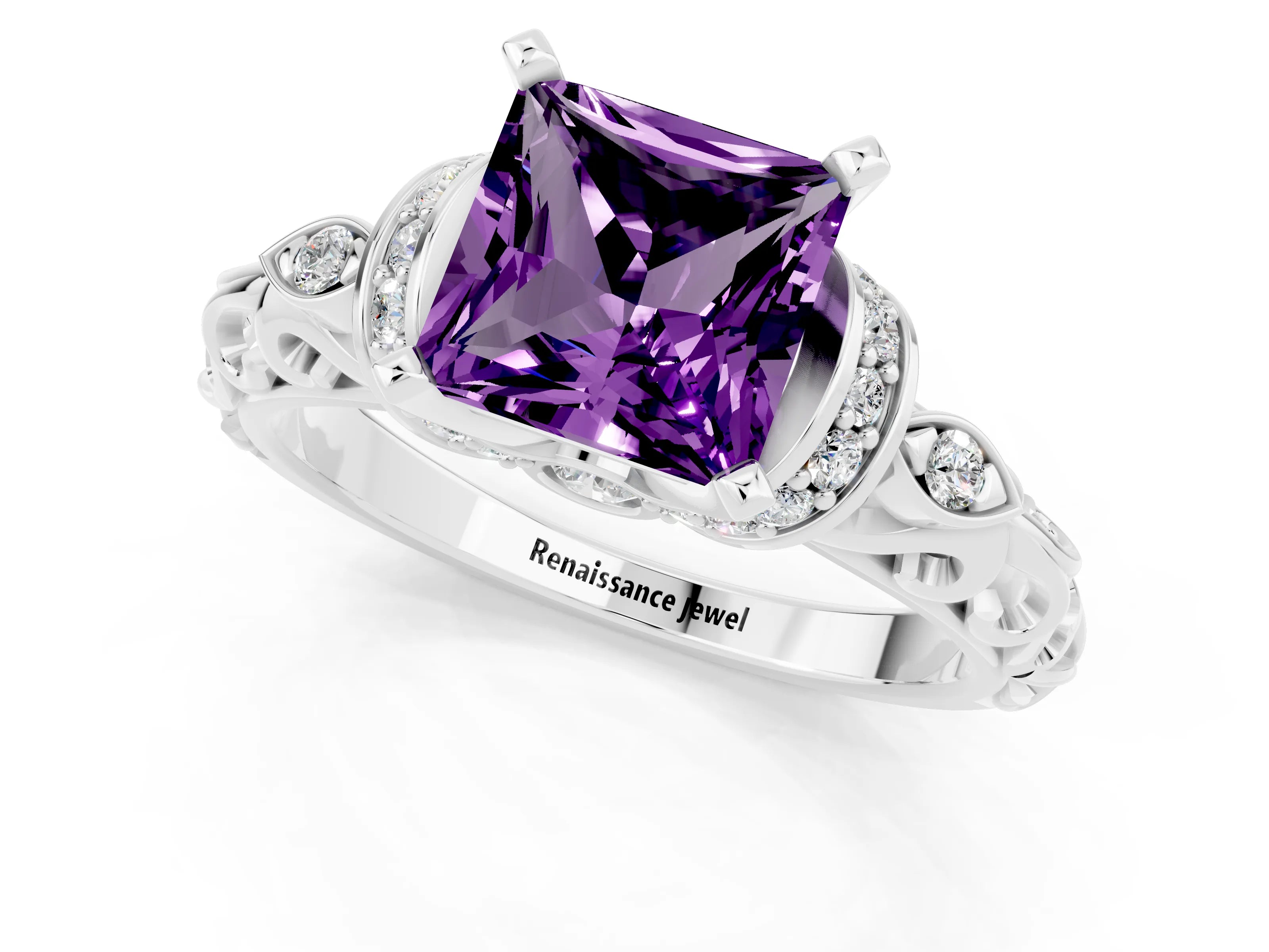 White gold Princess Cut Amethyst Solitaire Ring with Filigree Band and Four-Prong Setting_25