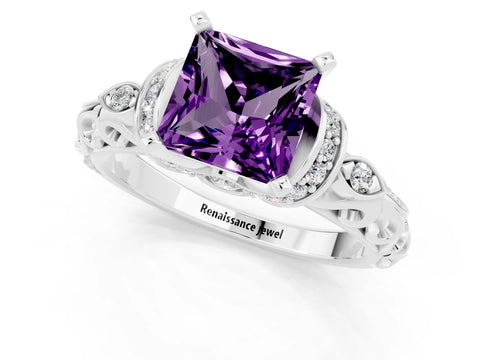 White gold Princess Cut Amethyst Solitaire Ring with Filigree Band and Four-Prong Setting_25