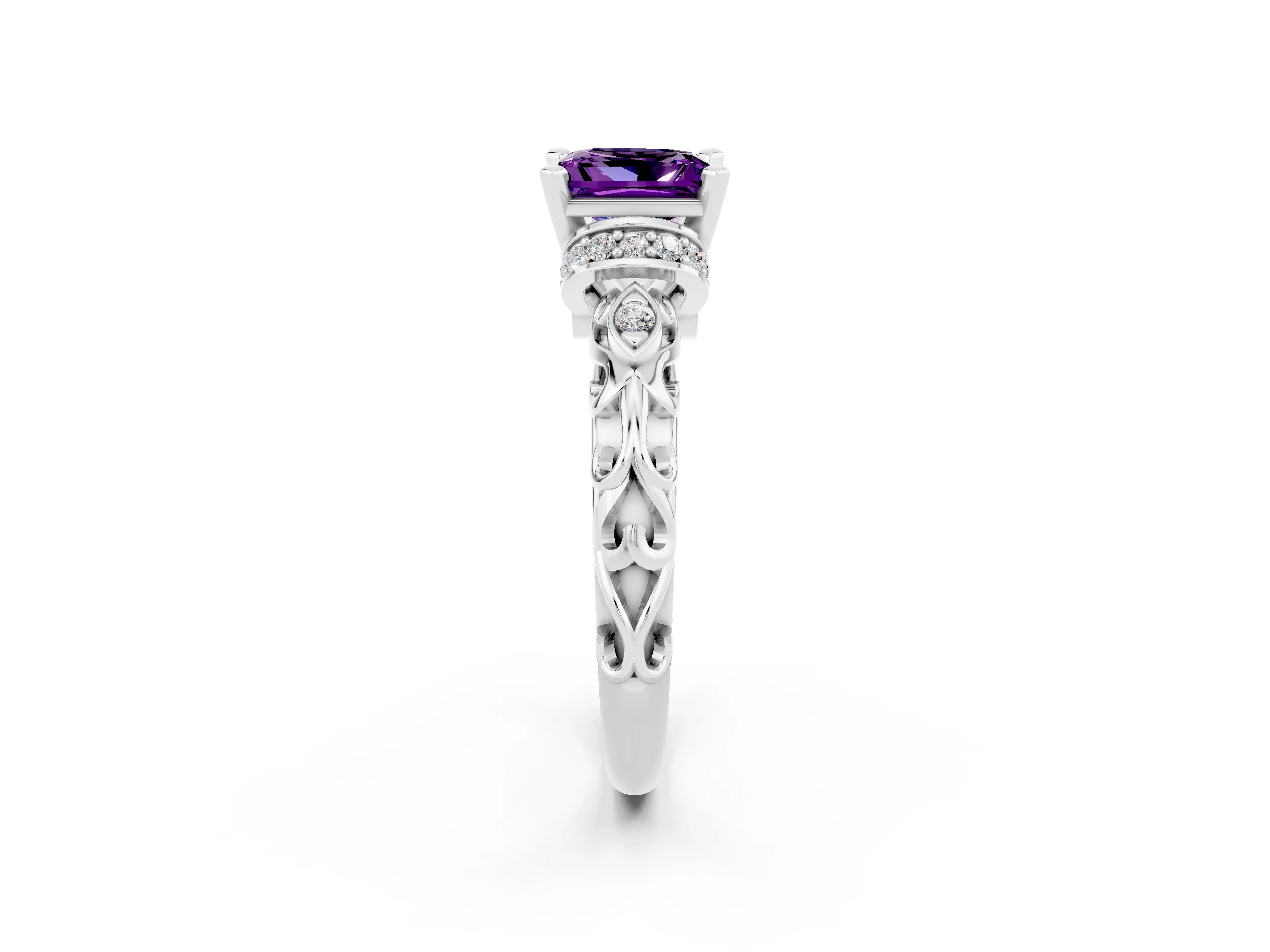 White gold Princess Cut Amethyst Solitaire Ring with Filigree Band and Four-Prong Setting_26