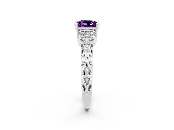 Silver Princess Cut Amethyst Solitaire Ring with Filigree Band and Four-Prong Setting