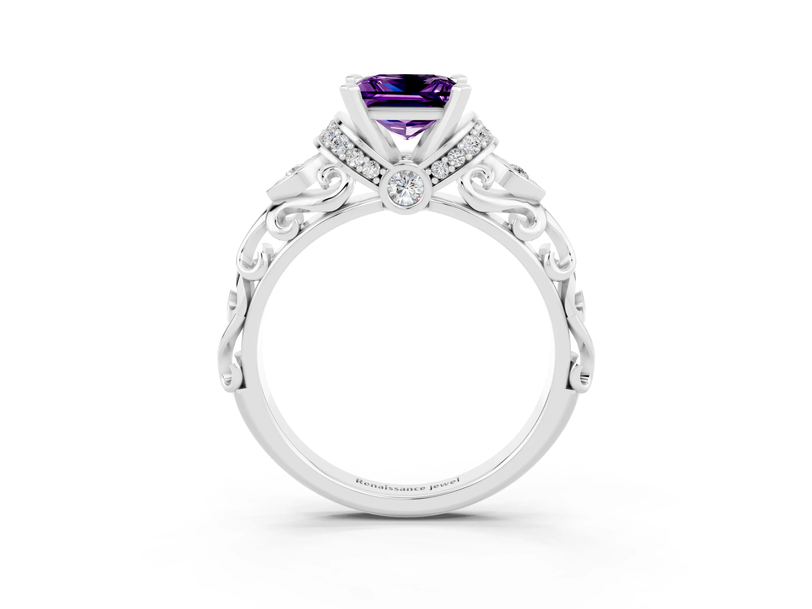 White gold Princess Cut Amethyst Solitaire Ring with Filigree Band and Four-Prong Setting_27