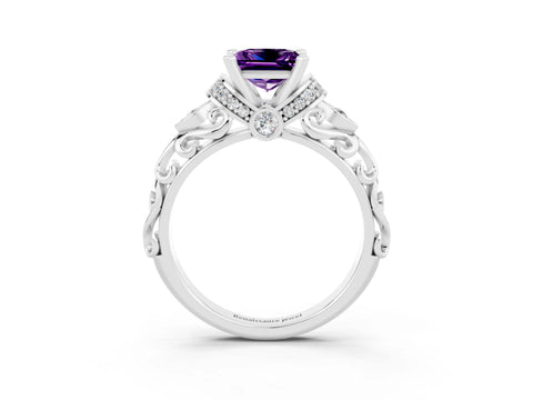 White gold Princess Cut Amethyst Solitaire Ring with Filigree Band and Four-Prong Setting_27