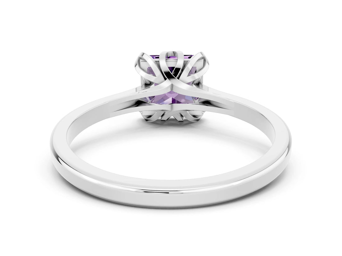 White gold Princess Cut Amethyst Solitaire Ring with Flower Prong Setting and Classic Band_12