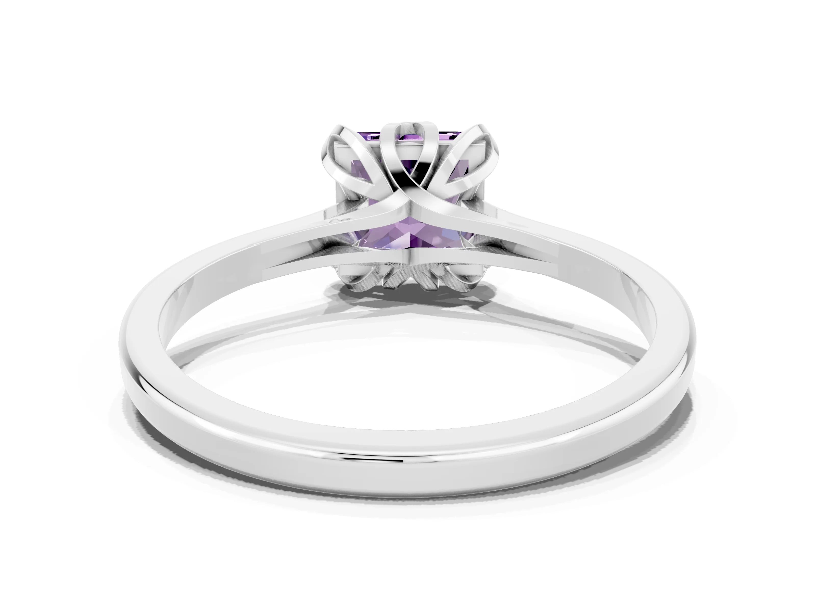 White gold Princess Cut Amethyst Solitaire Ring with Flower Prong Setting and Classic Band_36
