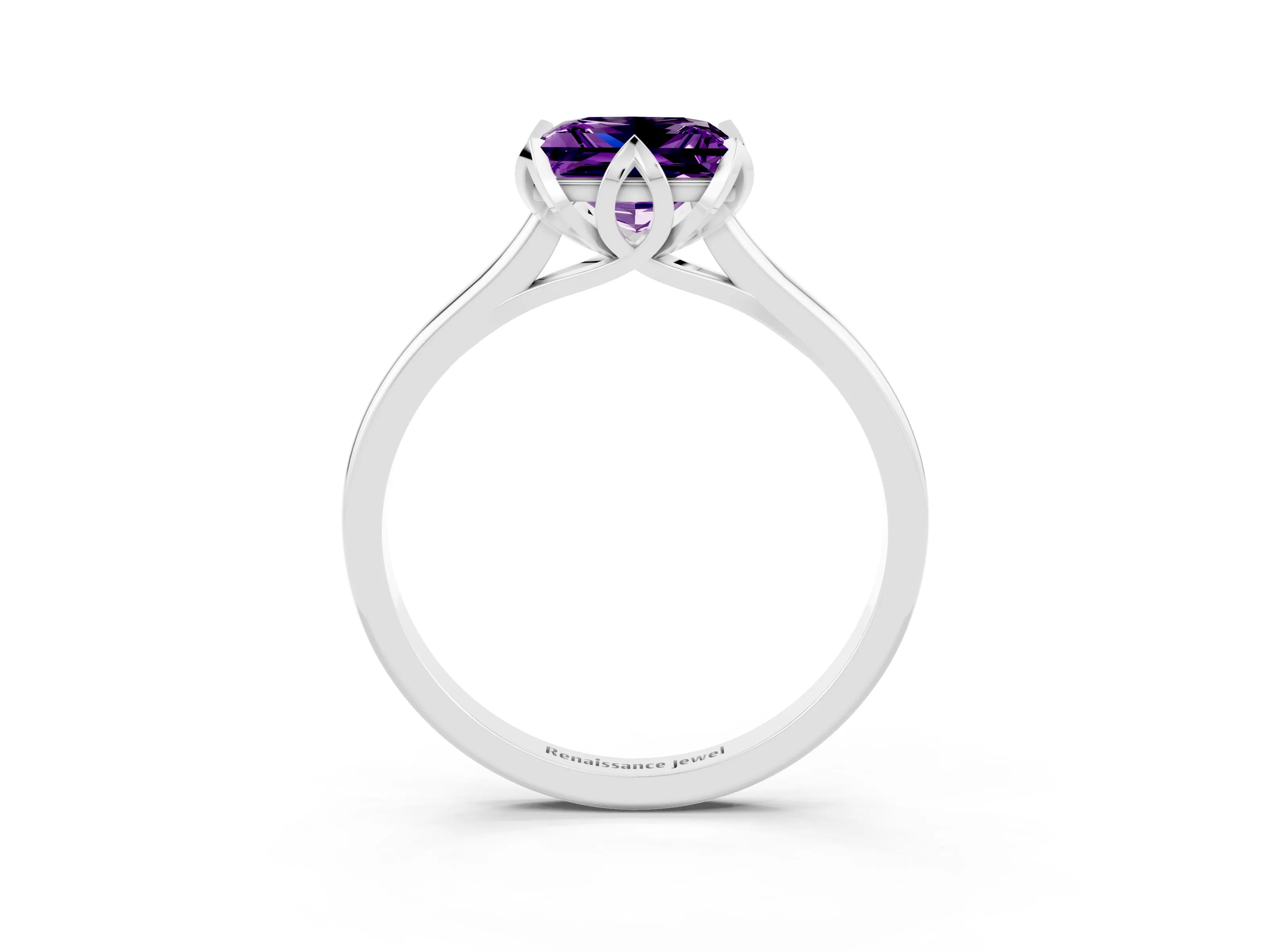 White gold Princess Cut Amethyst Solitaire Ring with Flower Prong Setting and Classic Band_39
