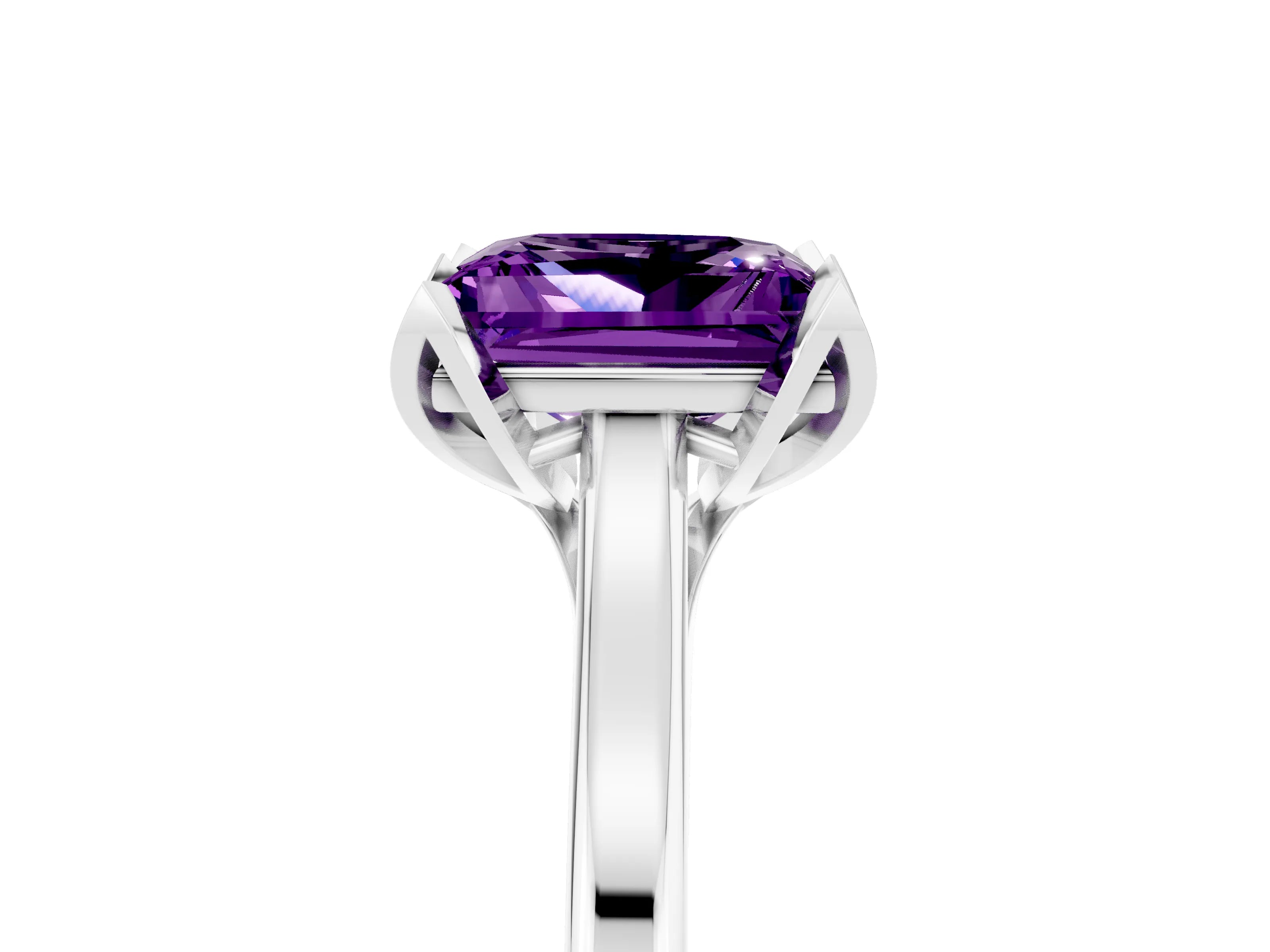 White gold Princess Cut Amethyst Solitaire Ring with Flower Prong Setting and Classic Band_41