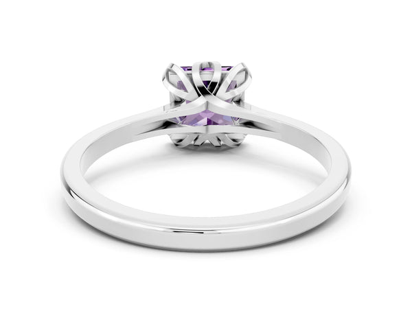 White gold Princess Cut Amethyst Solitaire Ring with Flower Prong Setting and Classic Band