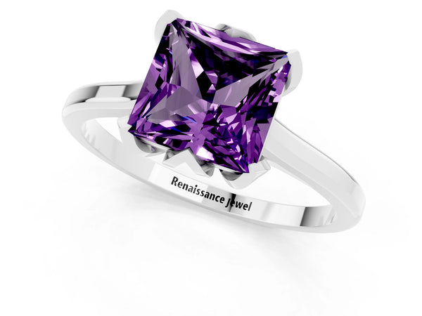 White gold Princess Cut Amethyst Solitaire Ring with Flower Prong Setting and Classic Band