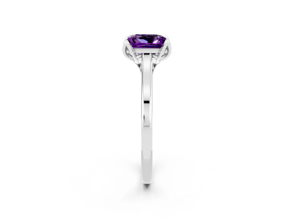 White gold Princess Cut Amethyst Solitaire Ring with Flower Prong Setting and Classic Band