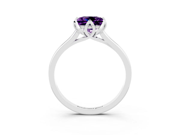 White gold Princess Cut Amethyst Solitaire Ring with Flower Prong Setting and Classic Band