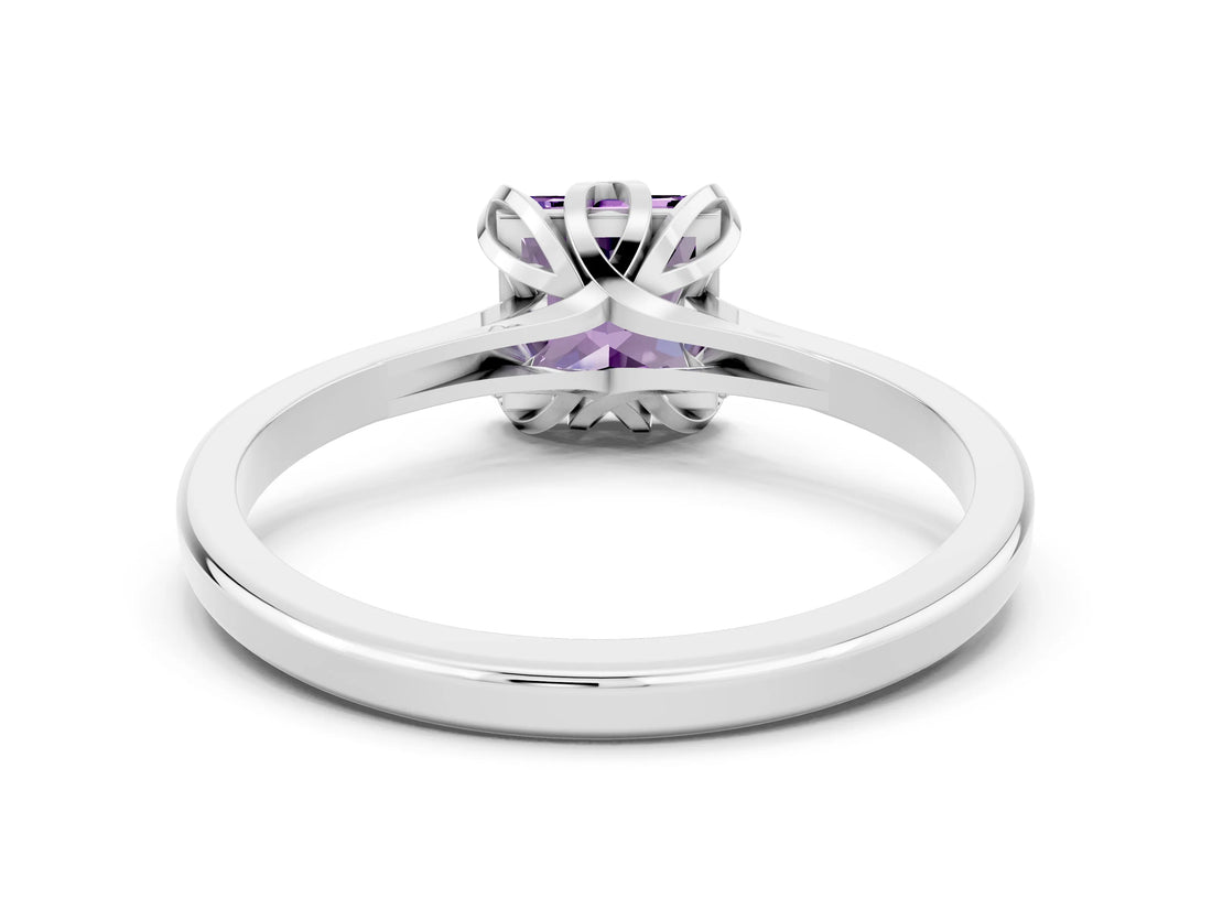 White gold Princess Cut Amethyst Solitaire Ring with Flower Prong Setting and Classic Band_73
