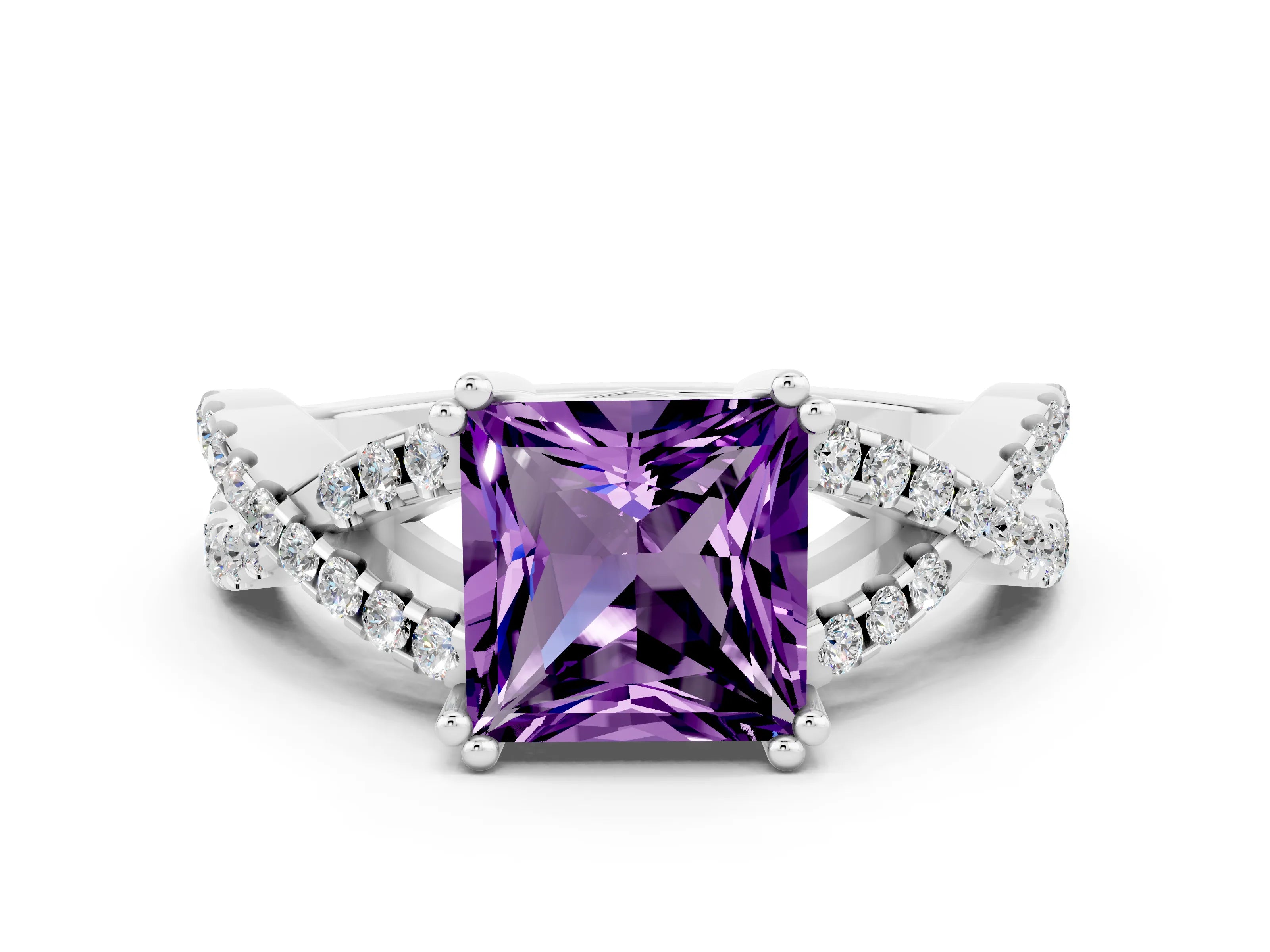 White gold Princess Cut Amethyst Solitaire Ring with Four-Prong Setting and Twisted Pavé Band