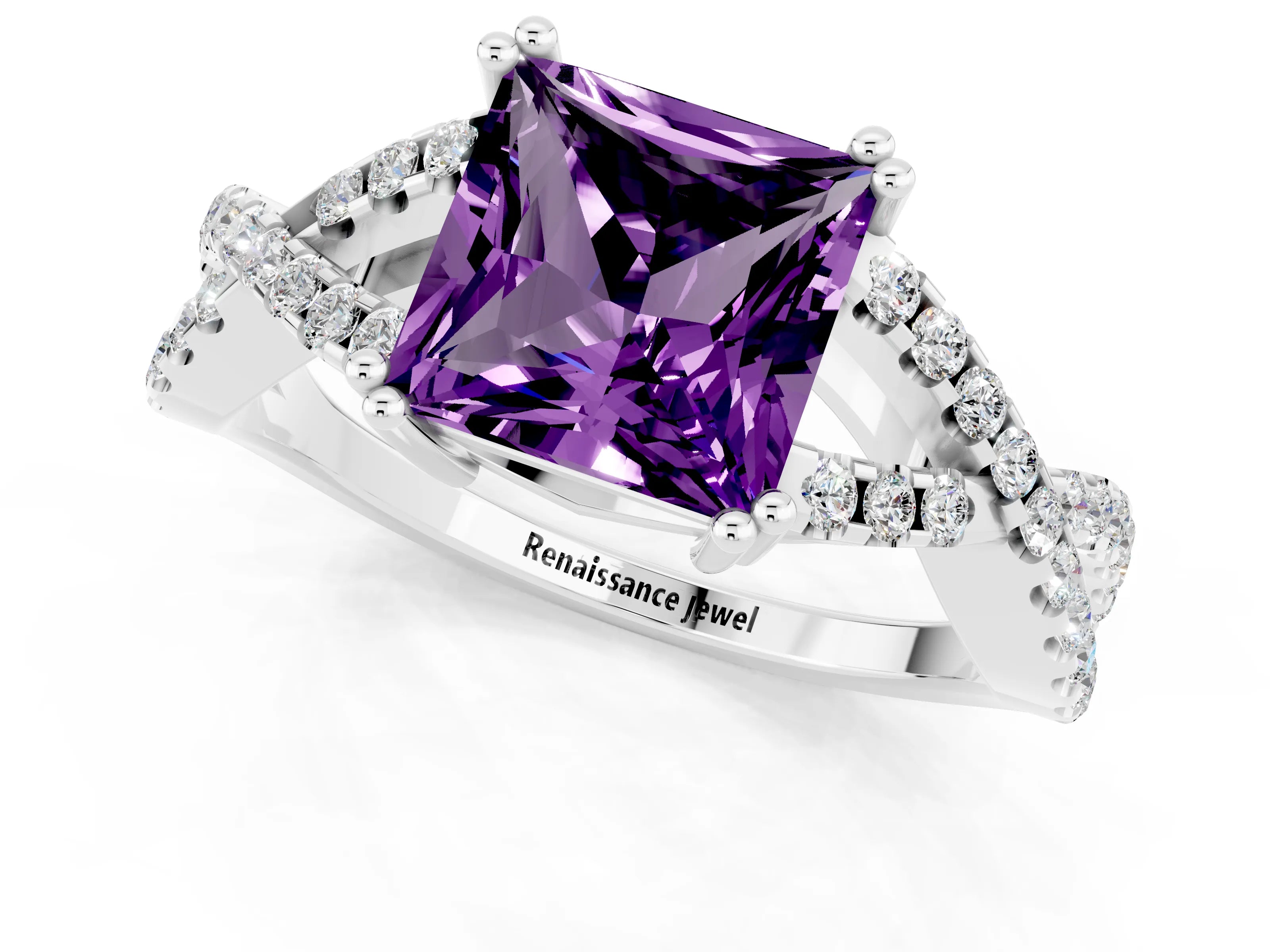 White gold Princess Cut Amethyst Solitaire Ring with Four-Prong Setting and Twisted Pavé Band_1