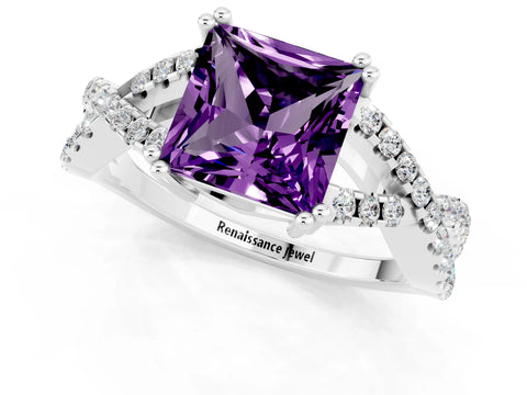 White gold Princess Cut Amethyst Solitaire Ring with Four-Prong Setting and Twisted Pavé Band_1