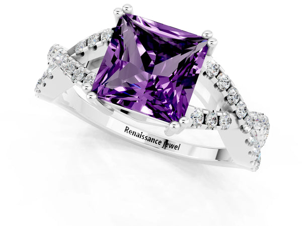 Silver Princess Cut Amethyst Solitaire Ring with Four-Prong Setting and Twisted Pavé Band