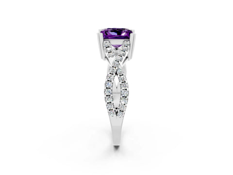 White gold Princess Cut Amethyst Solitaire Ring with Four-Prong Setting and Twisted Pavé Band_2