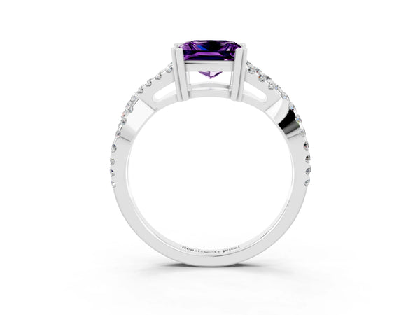 Silver Princess Cut Amethyst Solitaire Ring with Four-Prong Setting and Twisted Pavé Band
