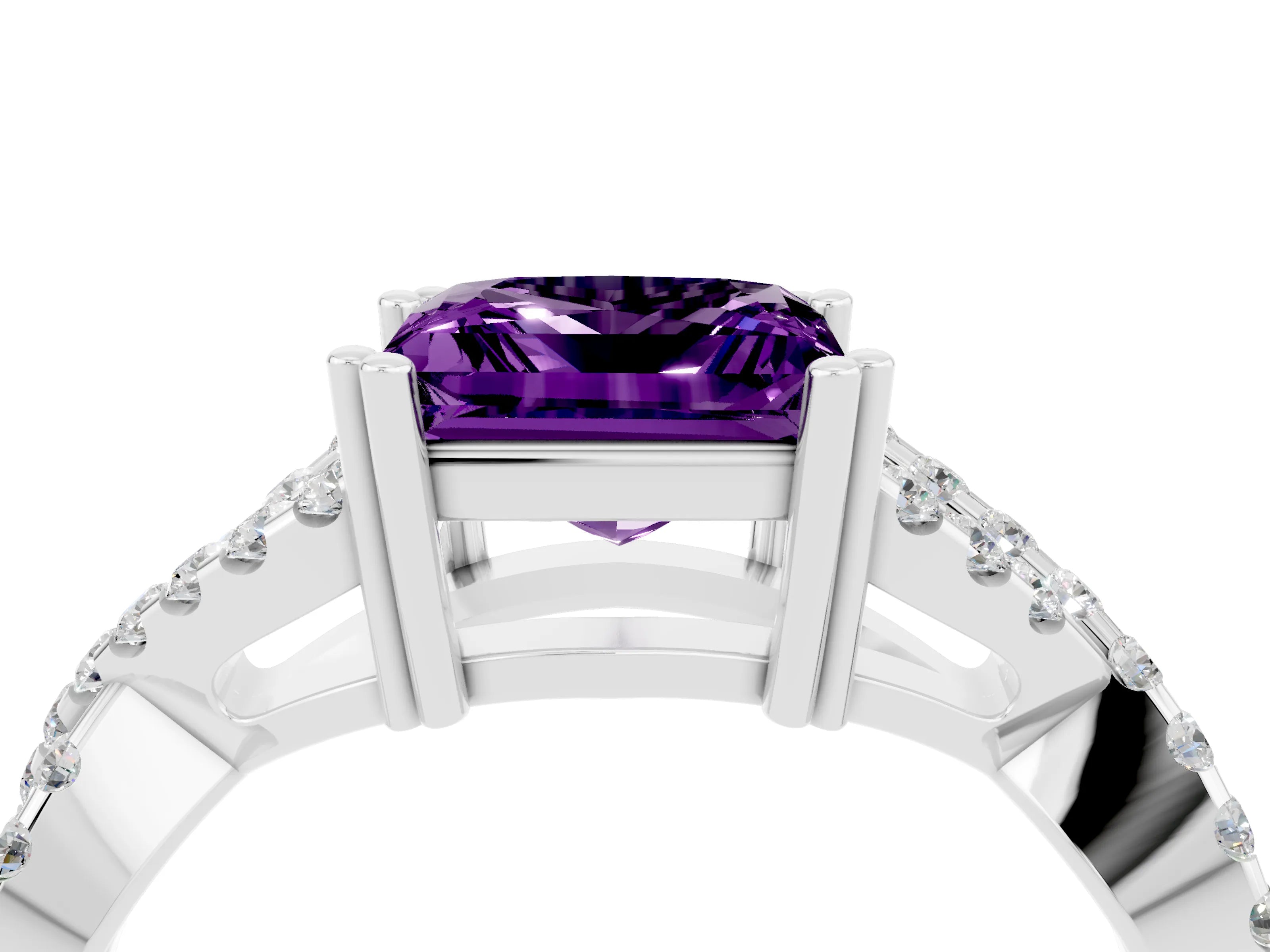 White gold Princess Cut Amethyst Solitaire Ring with Four-Prong Setting and Twisted Pavé Band_4