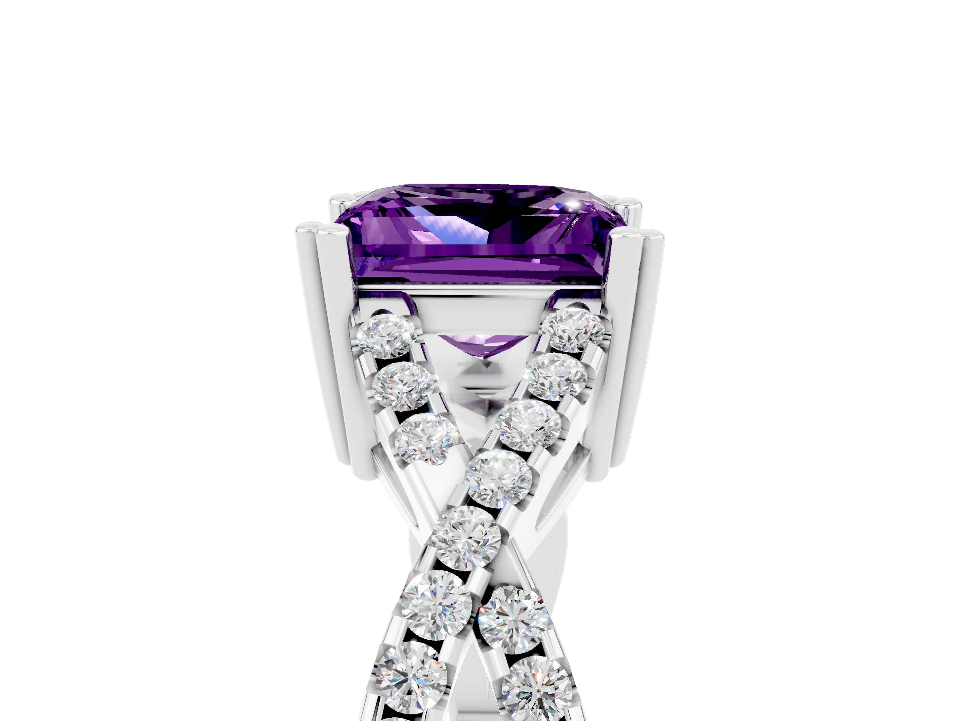 White gold Princess Cut Amethyst Solitaire Ring with Four-Prong Setting and Twisted Pavé Band_5