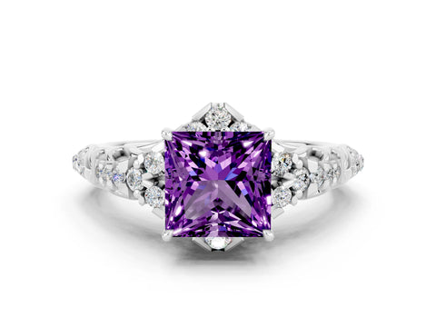 White gold Princess Cut Amethyst Solitaire Ring with Hidden Halo and Pavé Band_12