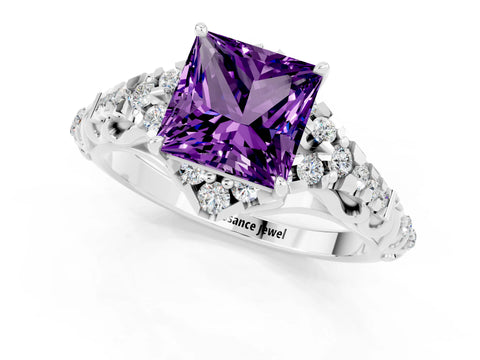 White gold Princess Cut Amethyst Solitaire Ring with Hidden Halo and Pavé Band_13