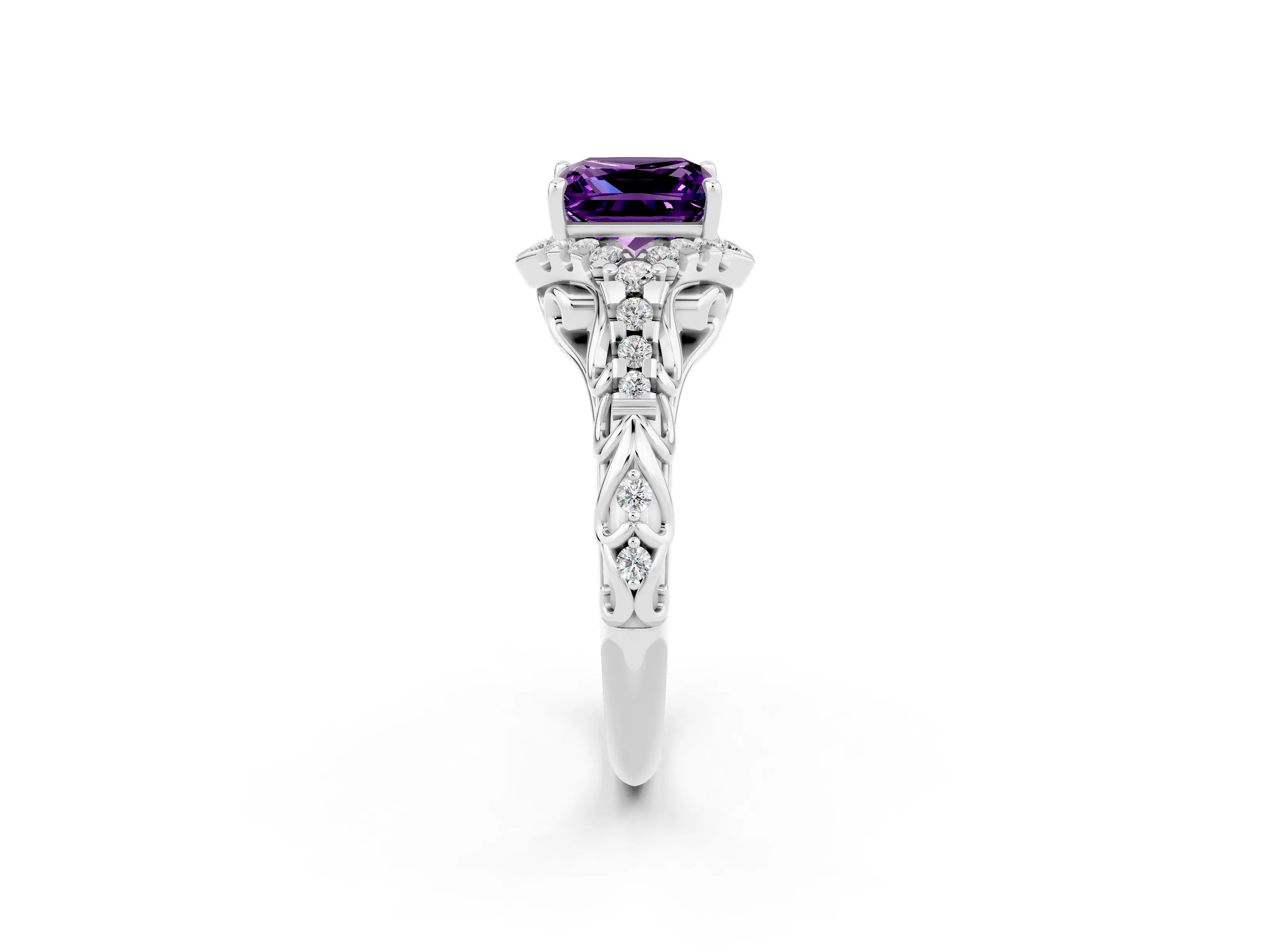 White gold Princess Cut Amethyst Solitaire Ring with Hidden Halo and Pavé Band_14