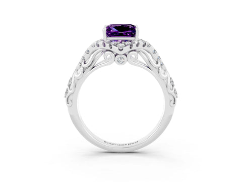 White gold Princess Cut Amethyst Solitaire Ring with Hidden Halo and Pavé Band_15