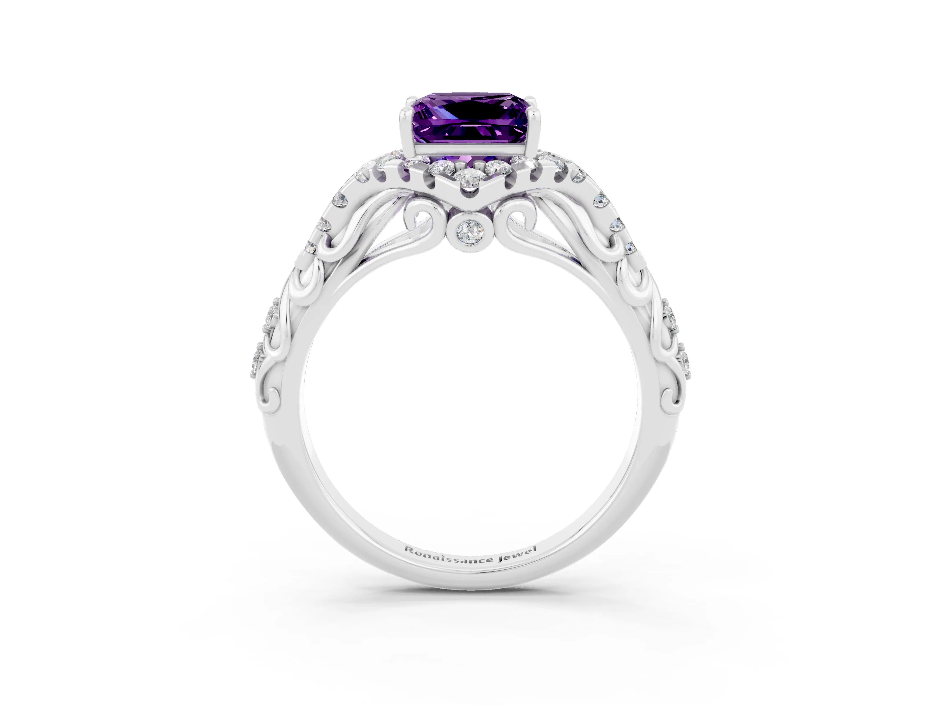 White gold Princess Cut Amethyst Solitaire Ring with Hidden Halo and Pavé Band_15