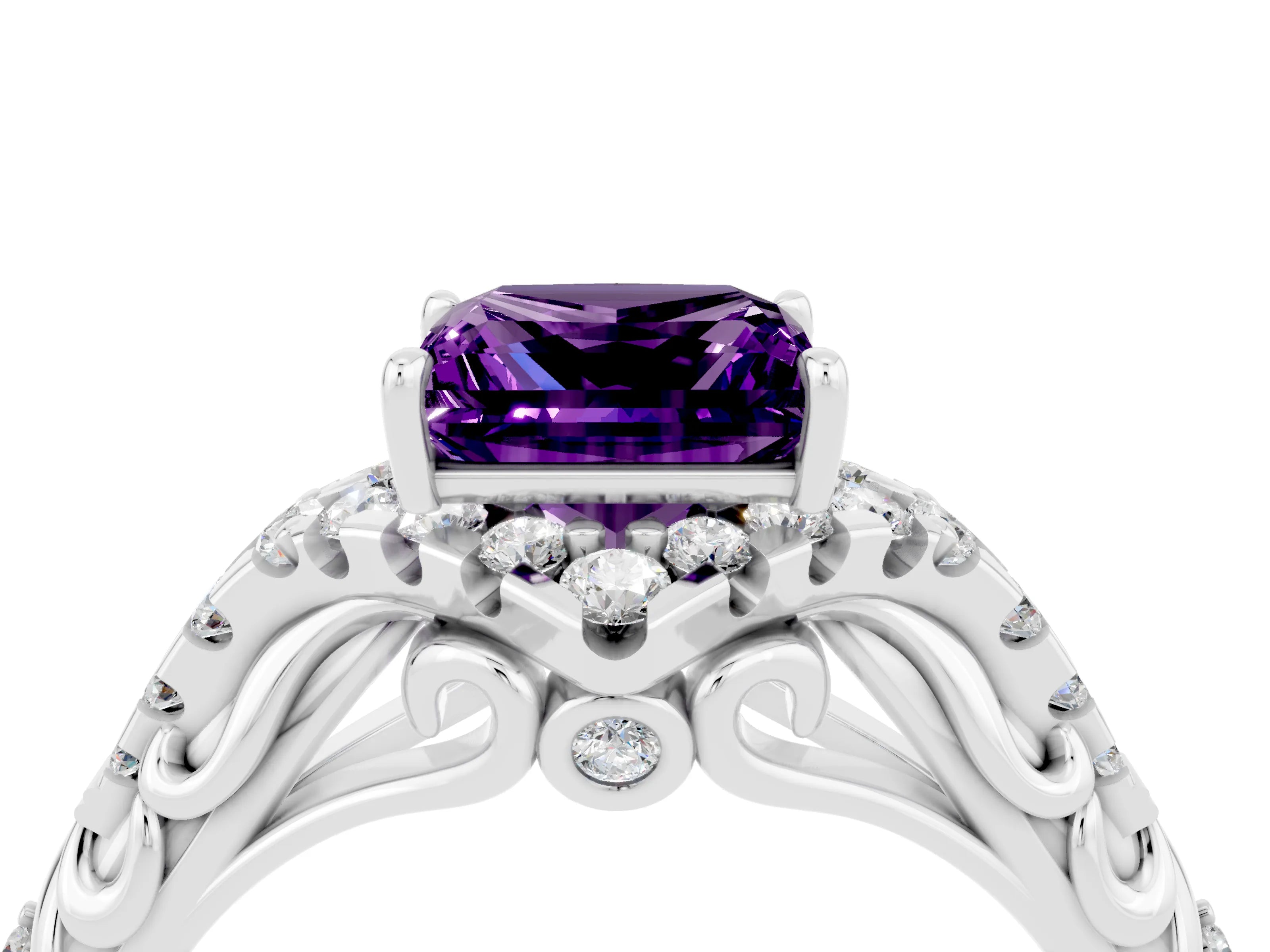White gold Princess Cut Amethyst Solitaire Ring with Hidden Halo and Pavé Band_16