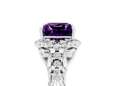 White gold Princess Cut Amethyst Solitaire Ring with Hidden Halo and Pavé Band_17