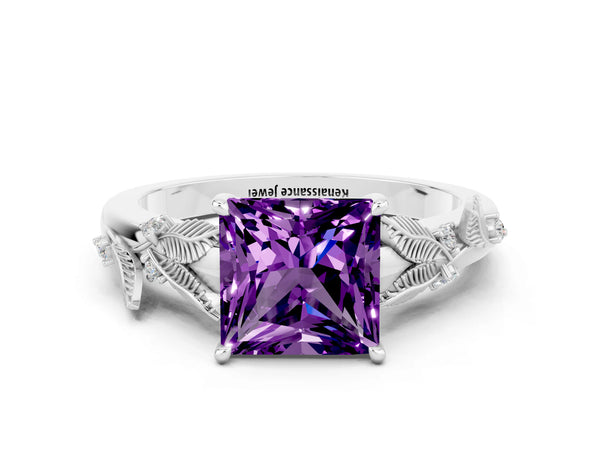 White gold Princess Cut Amethyst Solitaire Ring with Leaf Motif Band and Four-Prong Setting