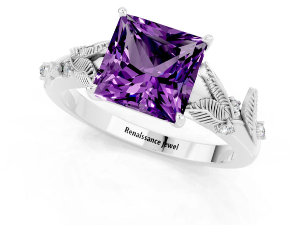 White gold Princess Cut Amethyst Solitaire Ring with Leaf Motif Band and Four-Prong Setting