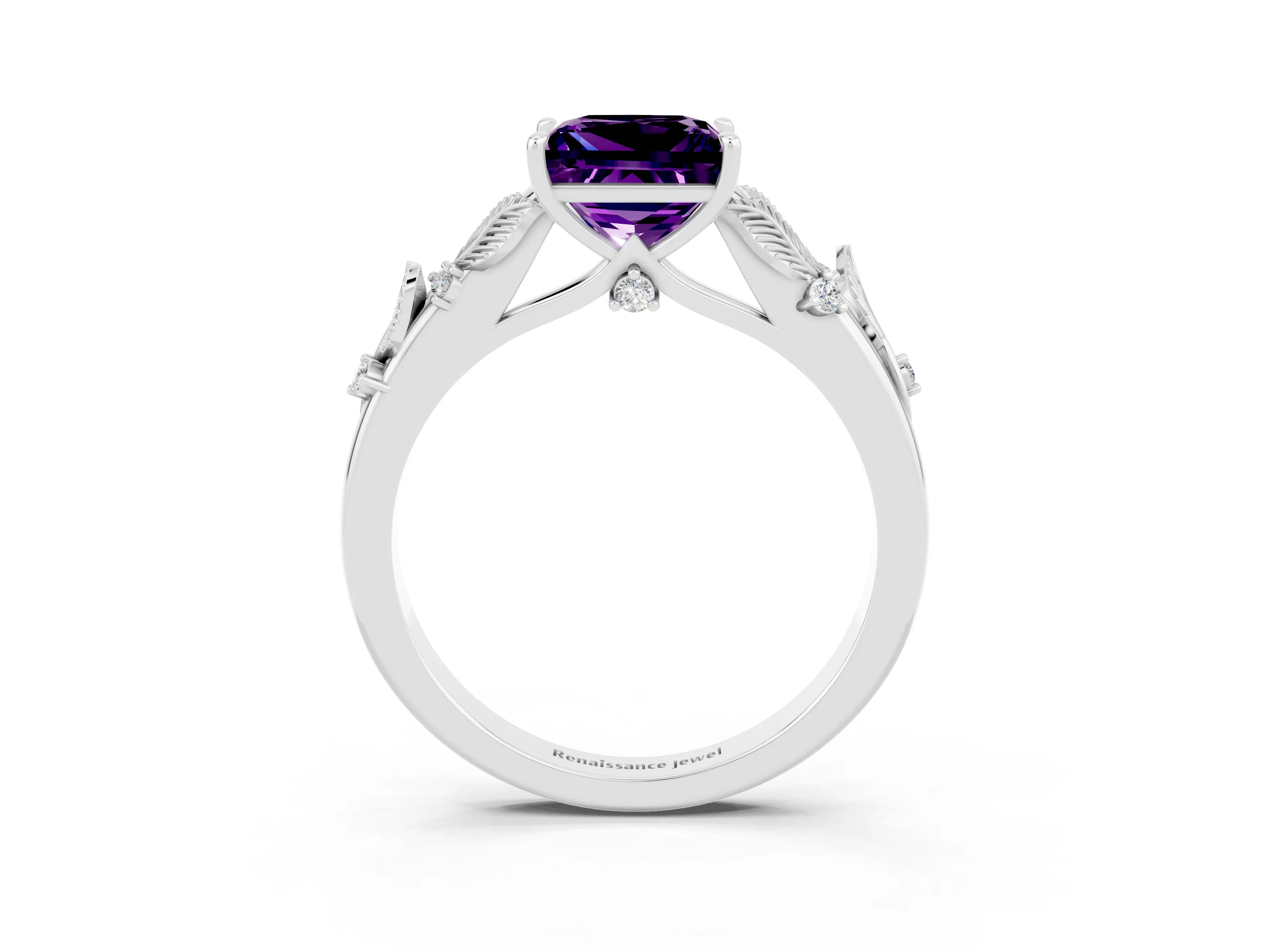 White gold Princess Cut Amethyst Solitaire Ring with Leaf Motif Band and Four-Prong Setting_15