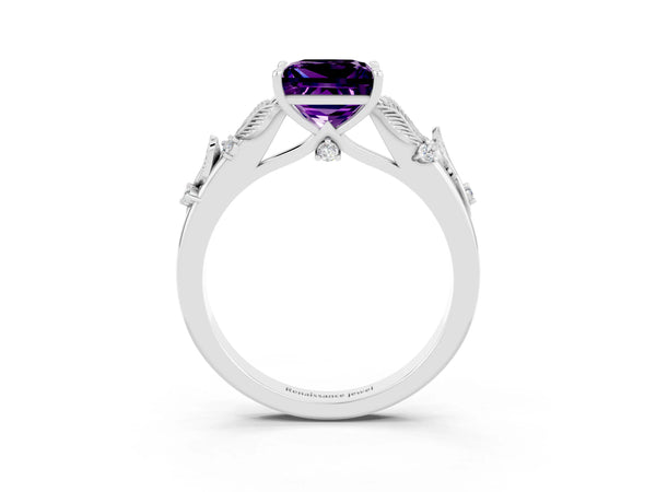 White gold Princess Cut Amethyst Solitaire Ring with Leaf Motif Band and Four-Prong Setting