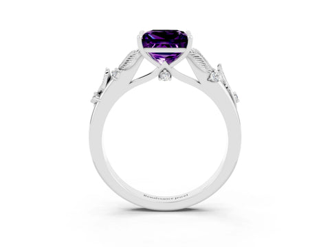 White gold Princess Cut Amethyst Solitaire Ring with Leaf Motif Band and Four-Prong Setting_15