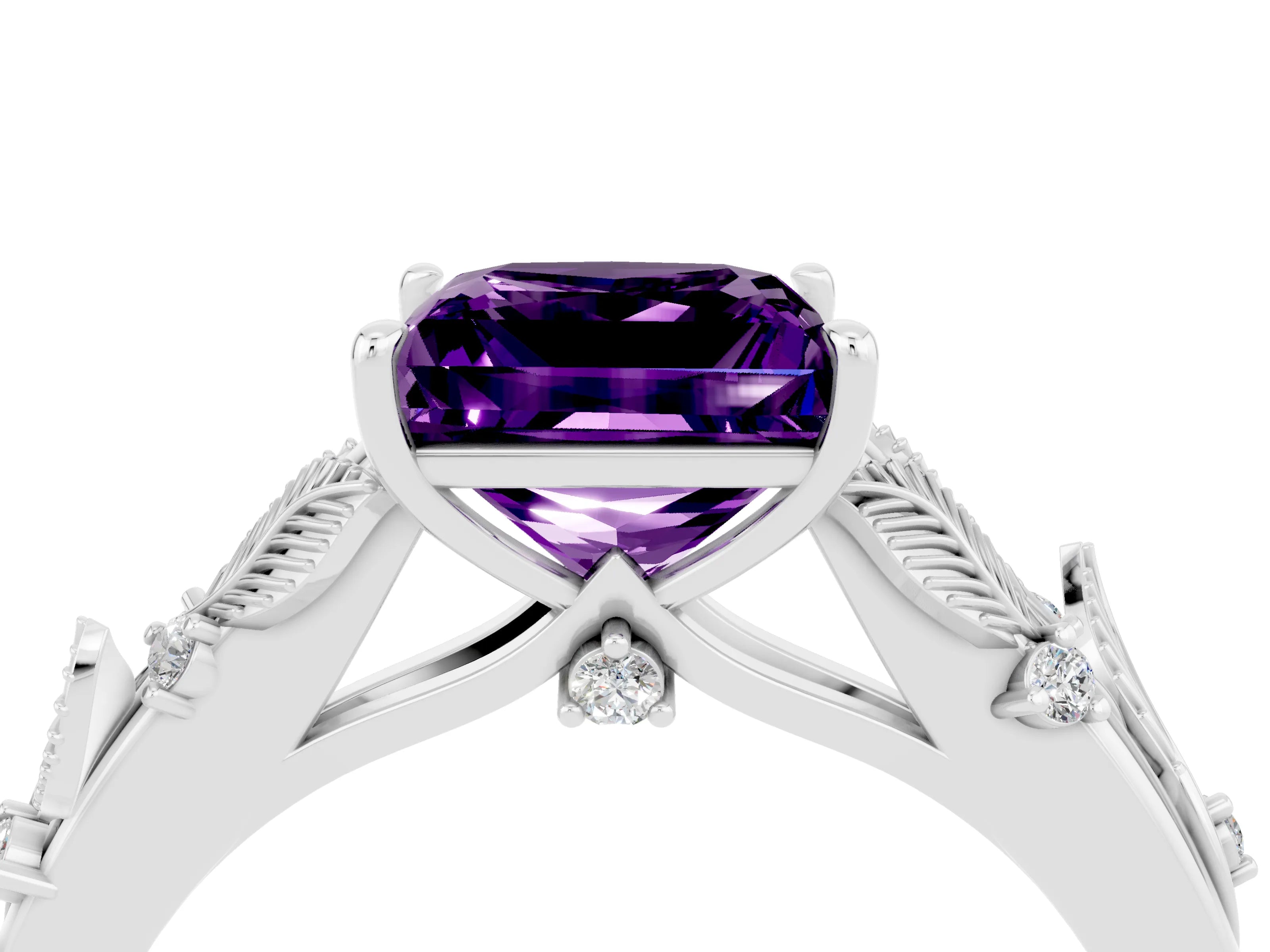 White gold Princess Cut Amethyst Solitaire Ring with Leaf Motif Band and Four-Prong Setting_4