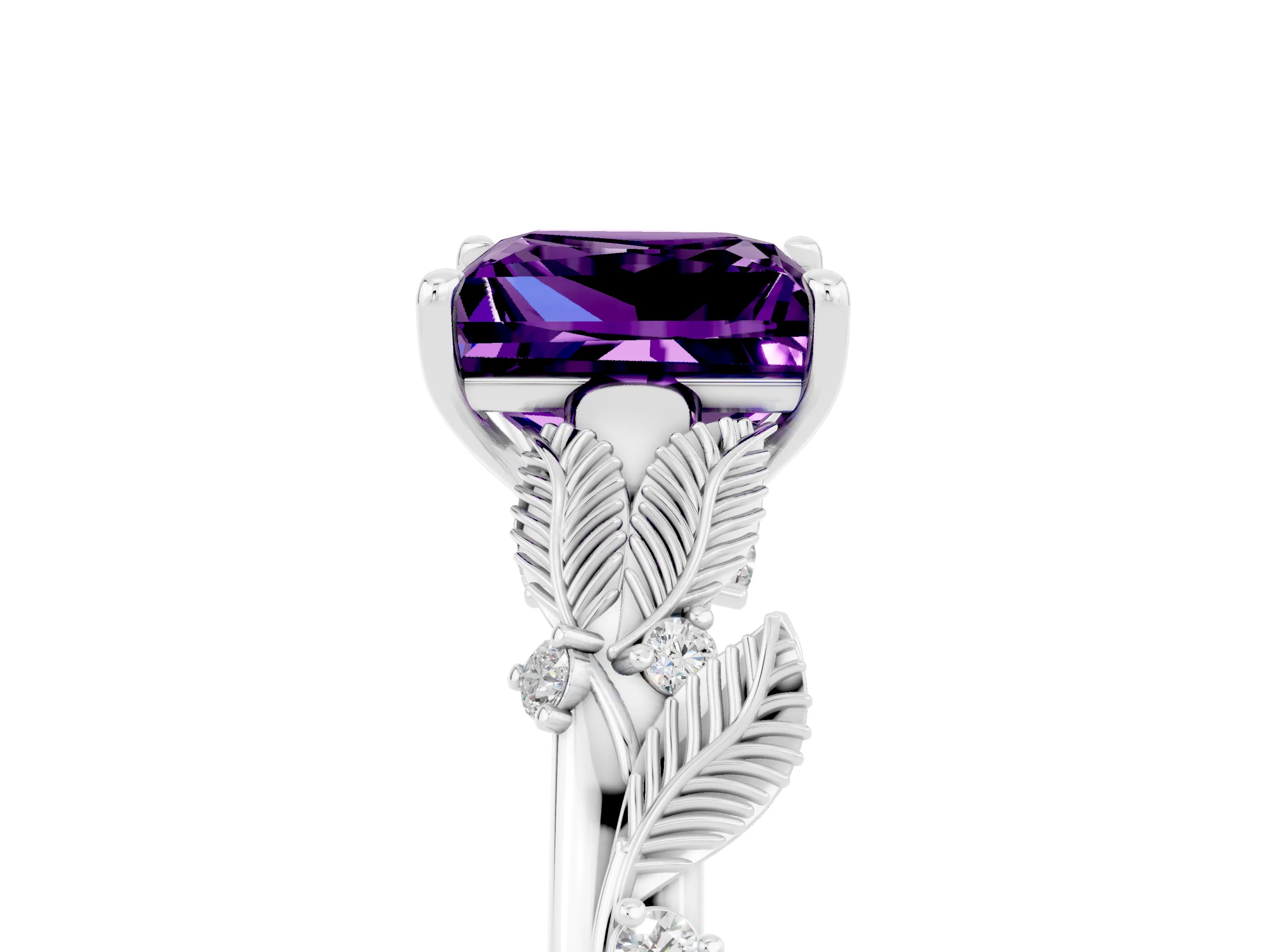 White gold Princess Cut Amethyst Solitaire Ring with Leaf Motif Band and Four-Prong Setting_5
