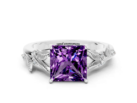 White gold Princess Cut Amethyst Solitaire Ring with Leaf Motif Band and Four-Prong Setting
