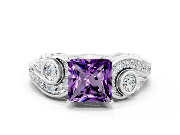 Silver Princess Cut Amethyst Solitaire Ring with Milgrain Pavé Band and Four-Prong Setting