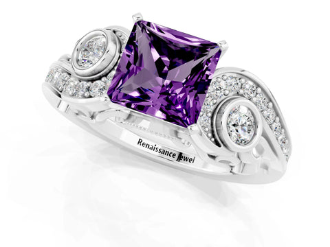 White gold Princess Cut Amethyst Solitaire Ring with Milgrain Pavé Band and Four-Prong Setting_13