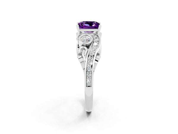 Silver Princess Cut Amethyst Solitaire Ring with Milgrain Pavé Band and Four-Prong Setting