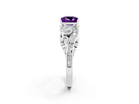 White gold Princess Cut Amethyst Solitaire Ring with Milgrain Pavé Band and Four-Prong Setting_14