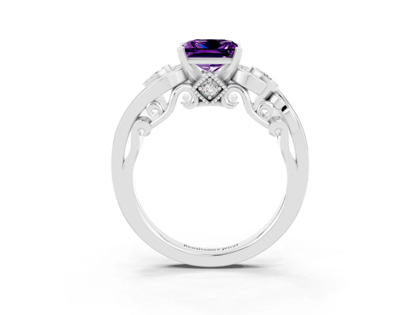 Silver Princess Cut Amethyst Solitaire Ring with Milgrain Pavé Band and Four-Prong Setting