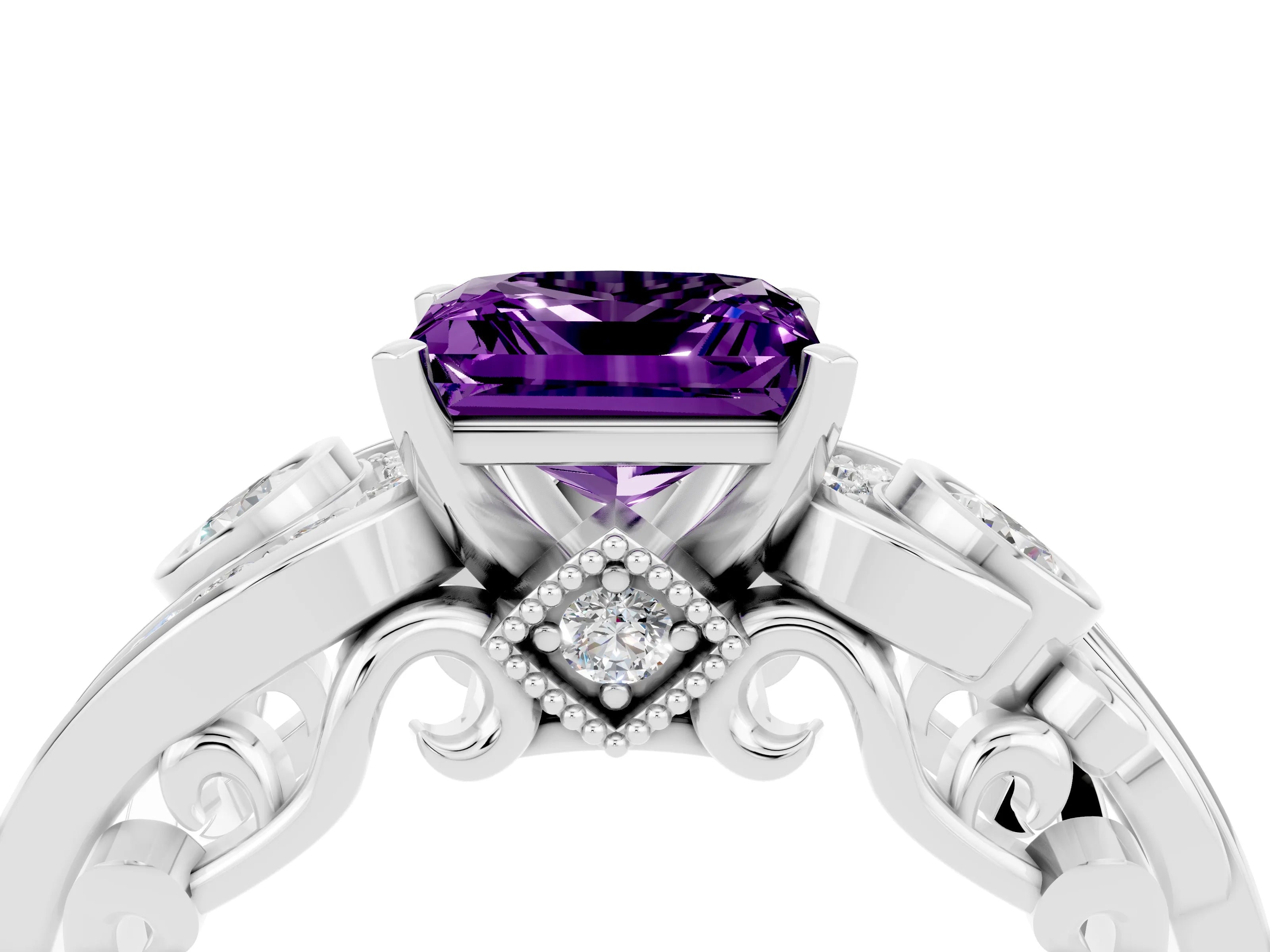 White gold Princess Cut Amethyst Solitaire Ring with Milgrain Pavé Band and Four-Prong Setting_16