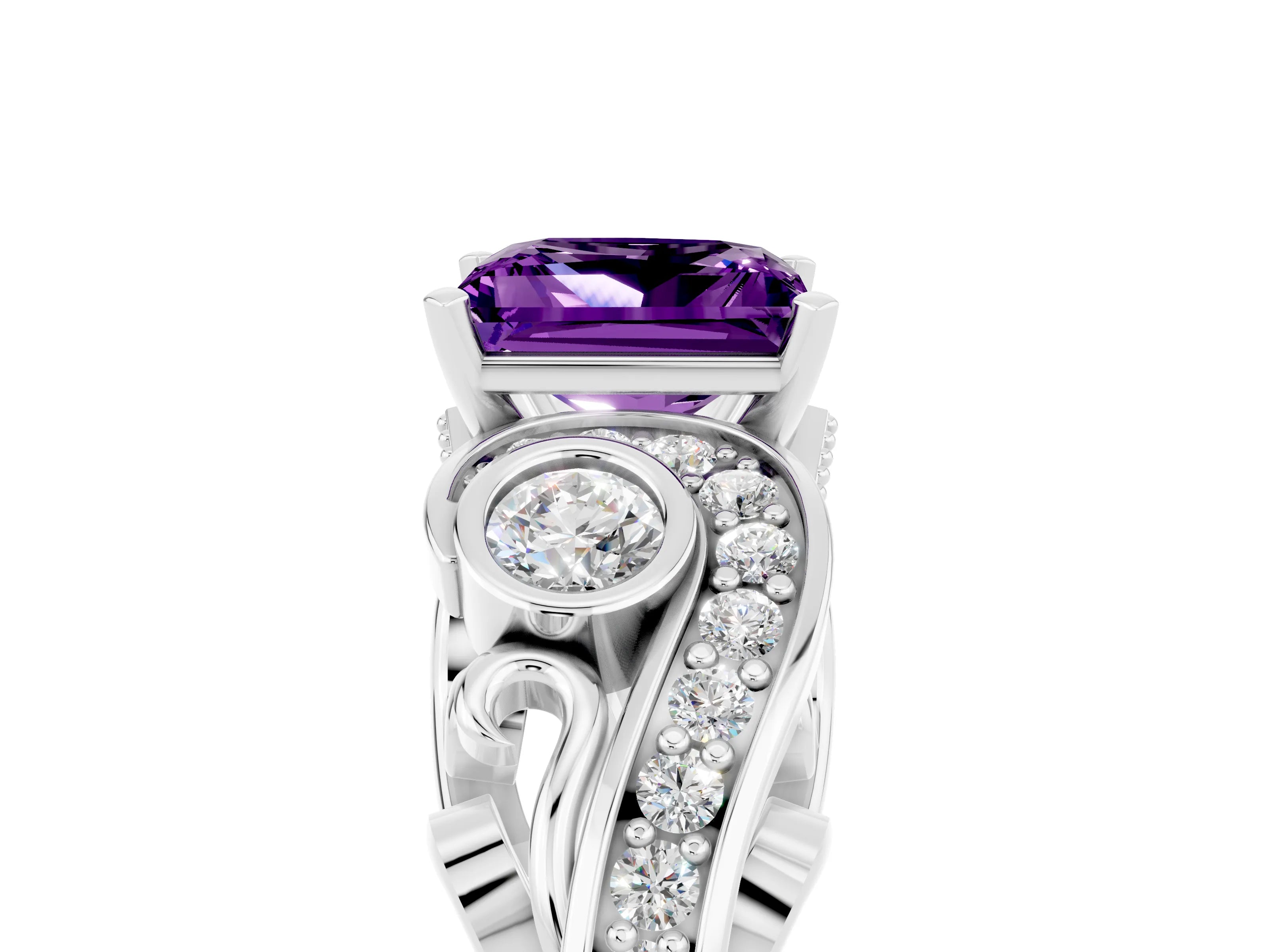 White gold Princess Cut Amethyst Solitaire Ring with Milgrain Pavé Band and Four-Prong Setting_17