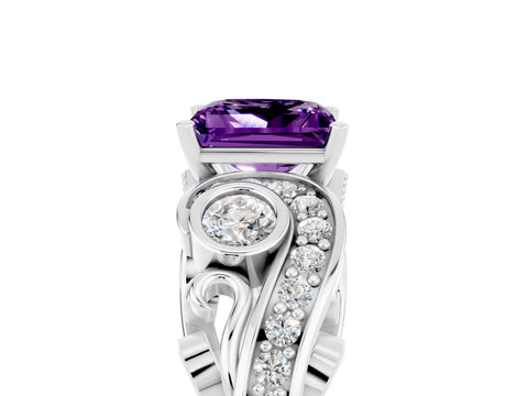 White gold Princess Cut Amethyst Solitaire Ring with Milgrain Pavé Band and Four-Prong Setting_17