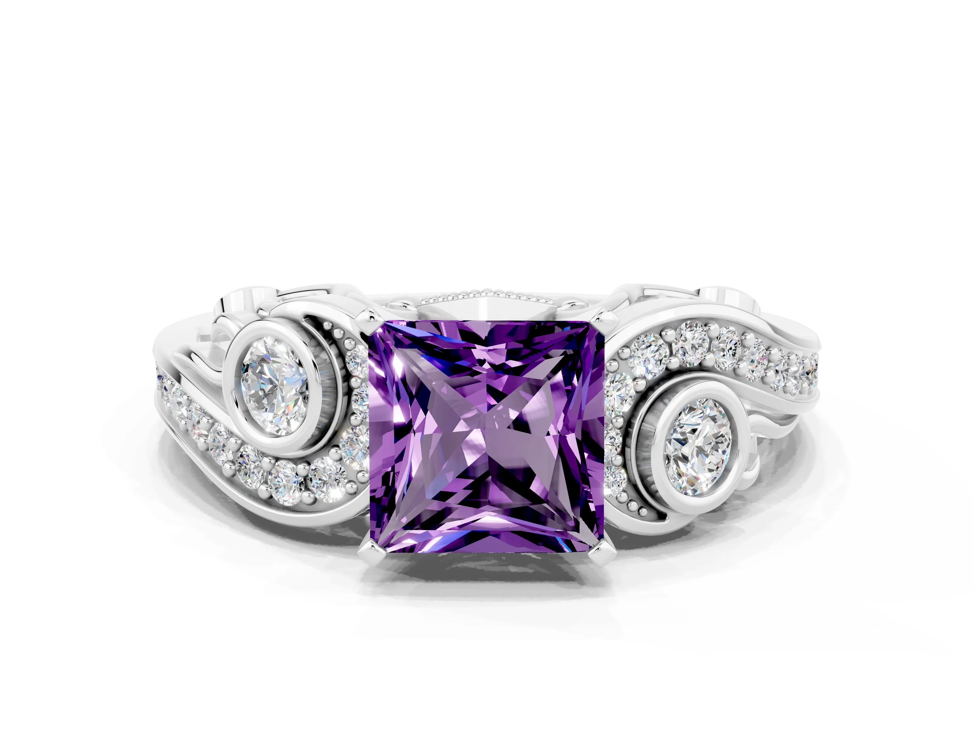 White gold Princess Cut Amethyst Solitaire Ring with Milgrain Pavé Band and Four-Prong Setting_48