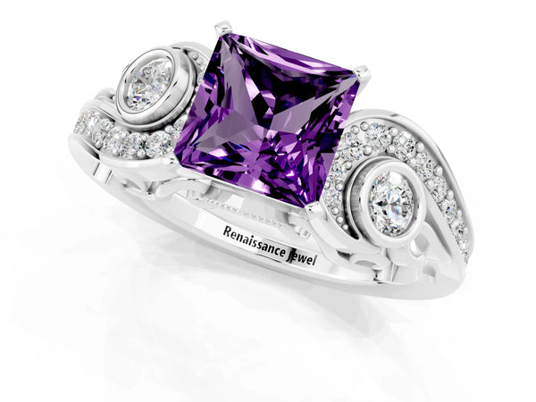 White gold Princess Cut Amethyst Solitaire Ring with Milgrain Pavé Band and Four-Prong Setting